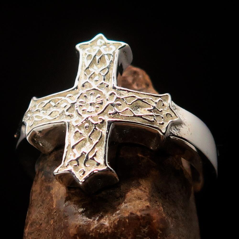 Men's ornamental Celtic Cross Ring made of solid sterling silver with a mirror polished finish, showcasing intricate details.
