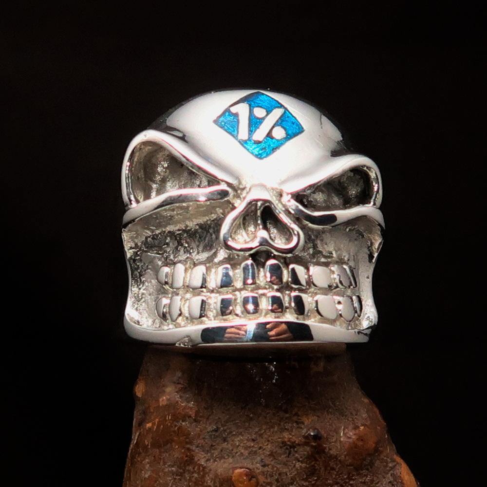 Excellent Crafted Men's Outlaw Blue Gnome Skull Ring made of sterling silver with blue enamel finish, showcasing a unique gnome skull design.