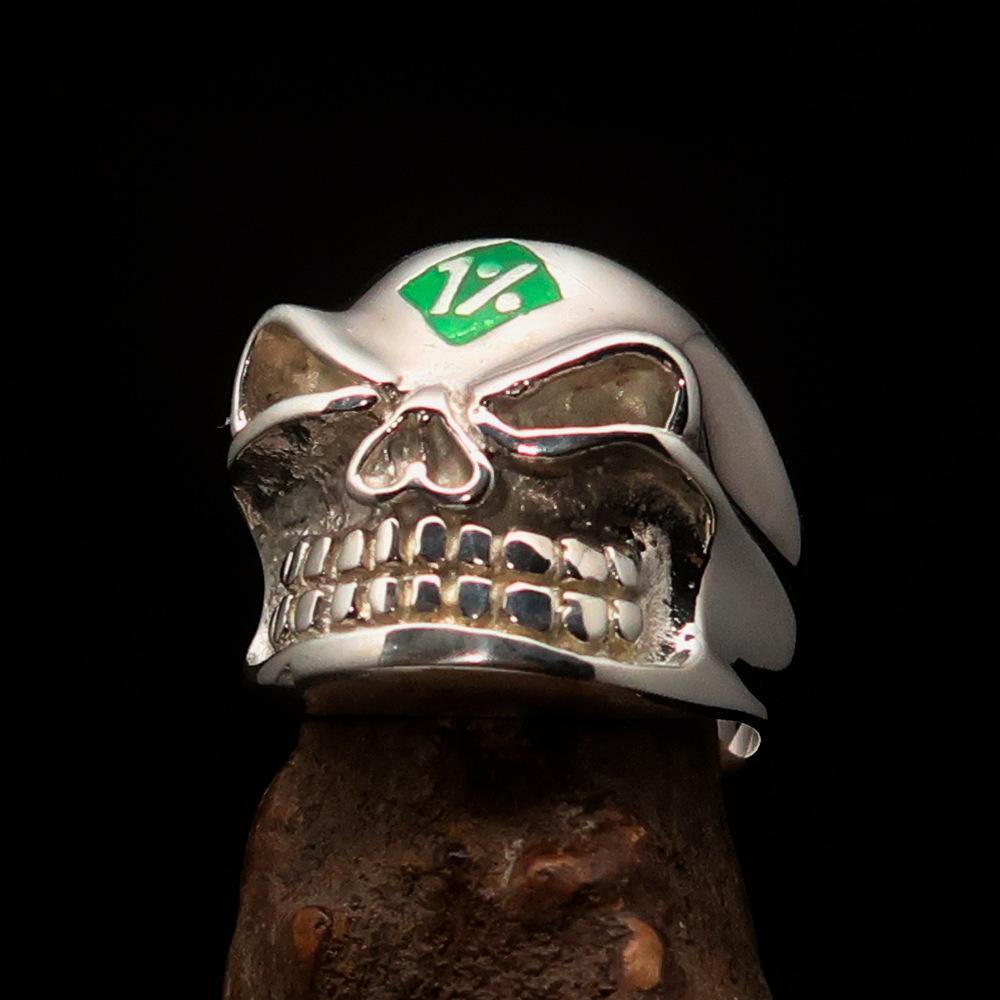 Excellent Crafted Men's Outlaw Gnome Skull Ring in sterling silver with green enamel, showcasing intricate details and a polished finish.