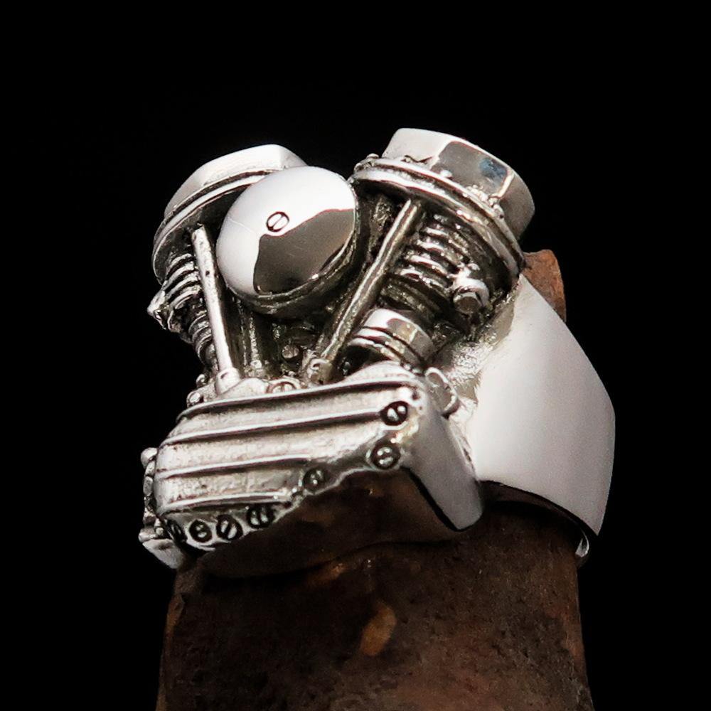 Men's Panhead Engine Biker Ring made of solid sterling silver with high polished and antiqued finish, showcasing intricate design.
