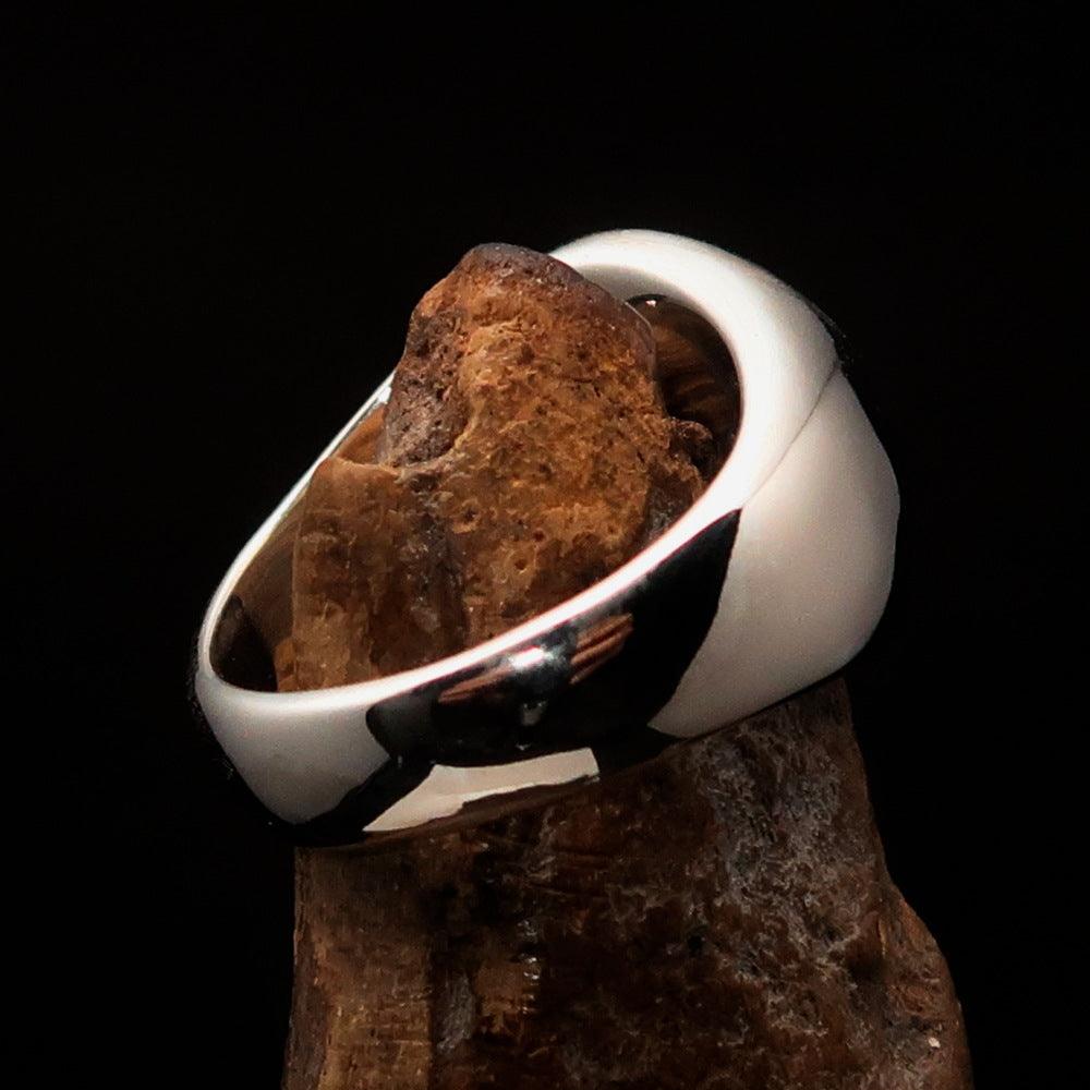 Men's sterling silver pinky ring featuring a domed black pentagram design, polished finish, and solid back.