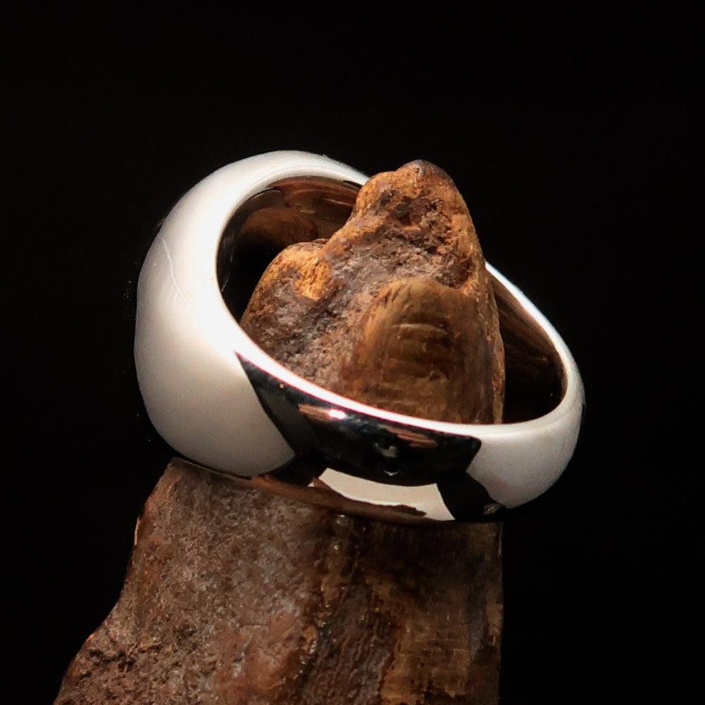 Men's sterling silver pinky ring featuring a domed black pentagram design, polished finish, and solid back.