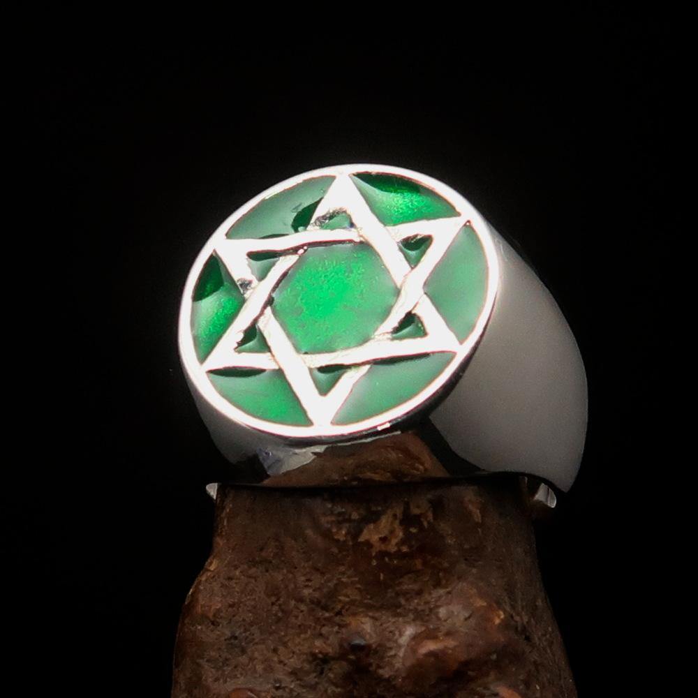 Men's sterling silver pinky ring with green Star of David, high polished enamel finish.