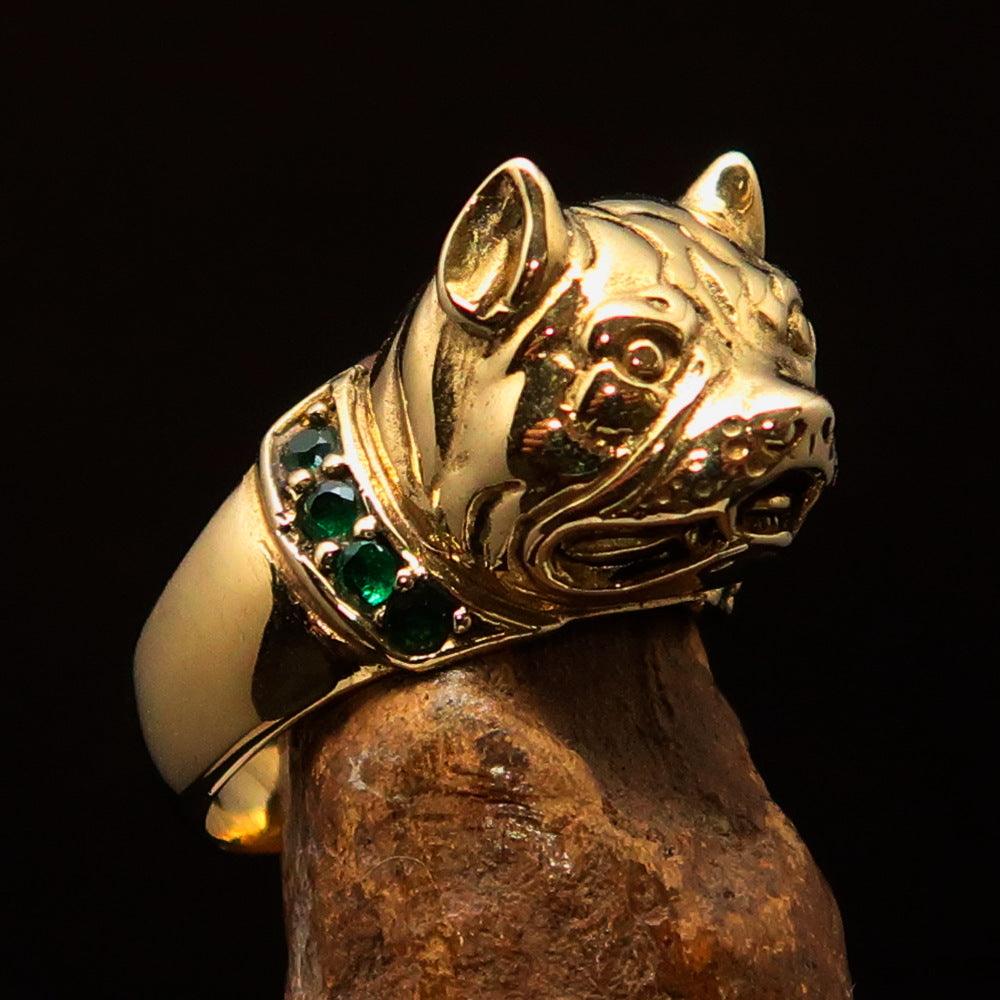 Men's Pinky Ring featuring a fierce Pitbull design with a green CZ collar, crafted from solid brass, showcasing intricate details.