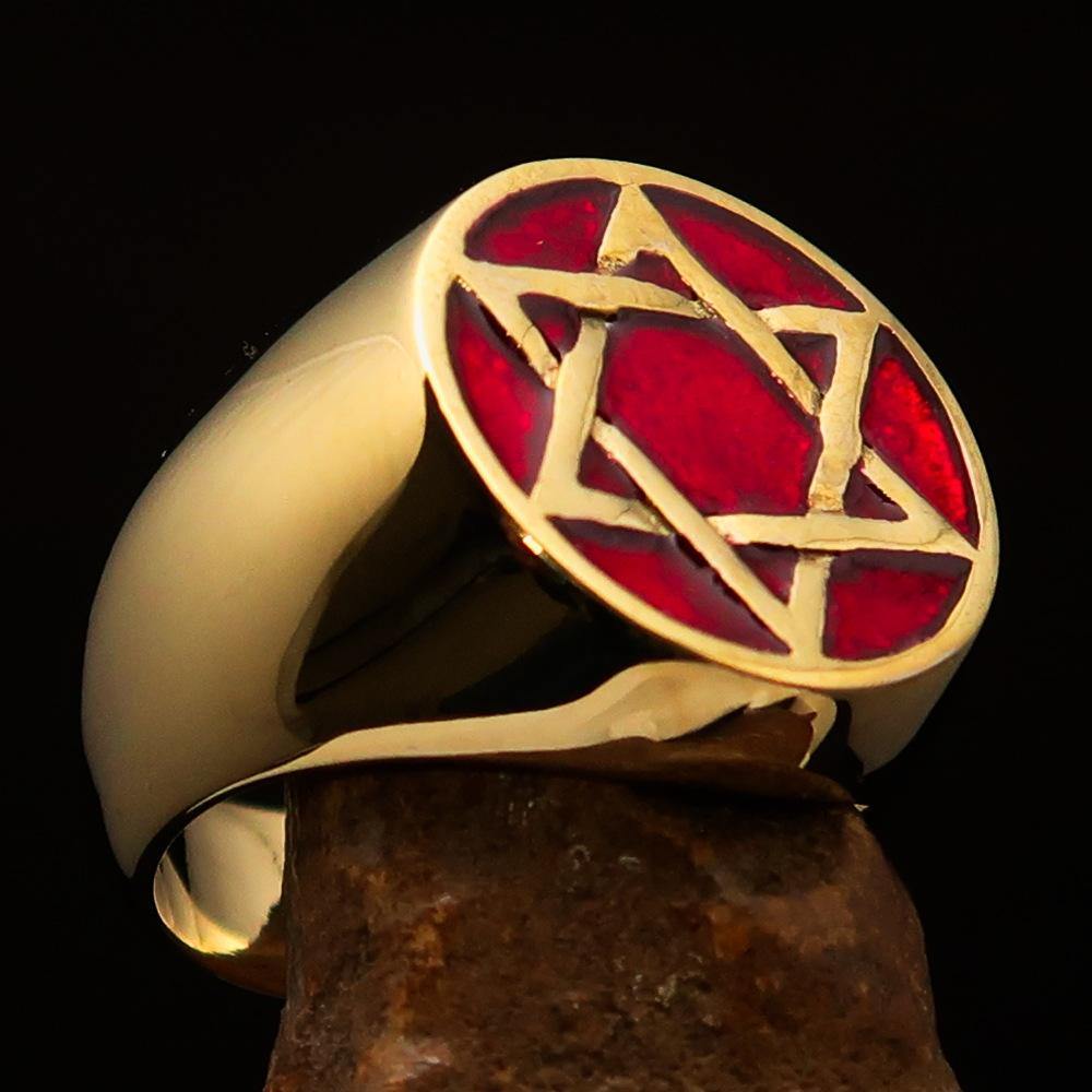 Men's pinky ring made of solid brass featuring a red Star of David, high polished with enamel finish.
