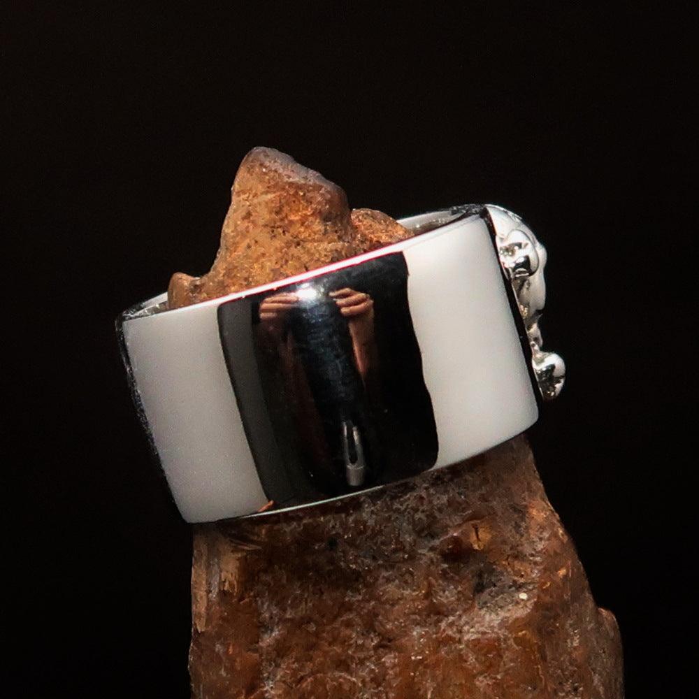 Men's Pirate Band Ring featuring a Jolly Roger Skull design, crafted from high-quality sterling silver with a polished and antiqued finish.