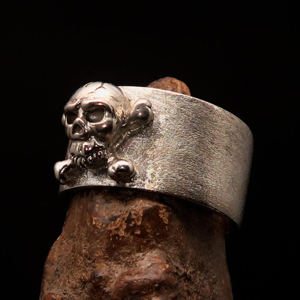 Men's Pirate Band Ring featuring a Jolly Roger Skull design in two-tone sterling silver with high polished and matte finishes.