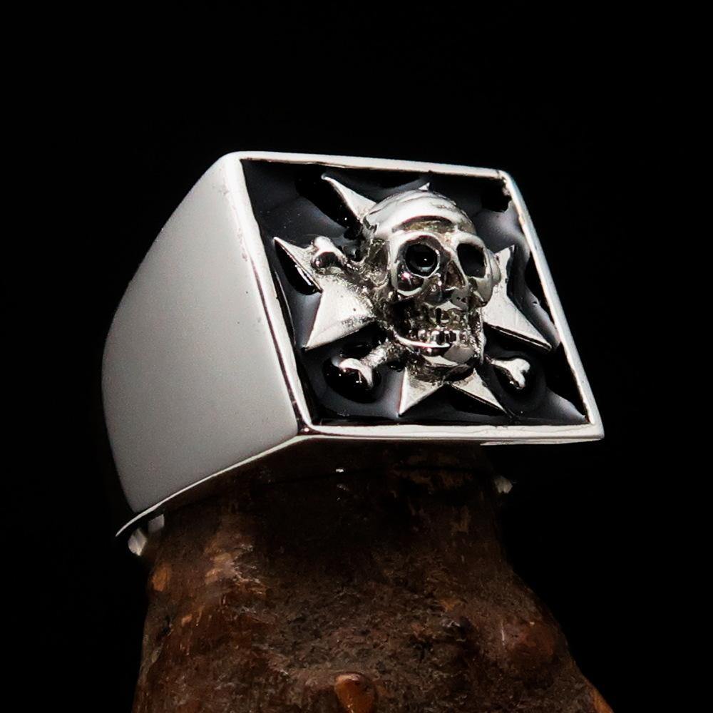 Men's Pirate Skull Ring featuring a Black Maltese Cross, crafted from solid sterling silver with high polish and black enamel.