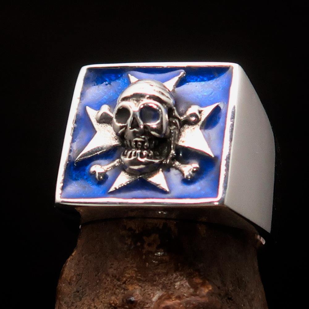 Men's Pirate Skull Ring made of solid sterling silver featuring a blue Maltese cross design, polished to a high shine.