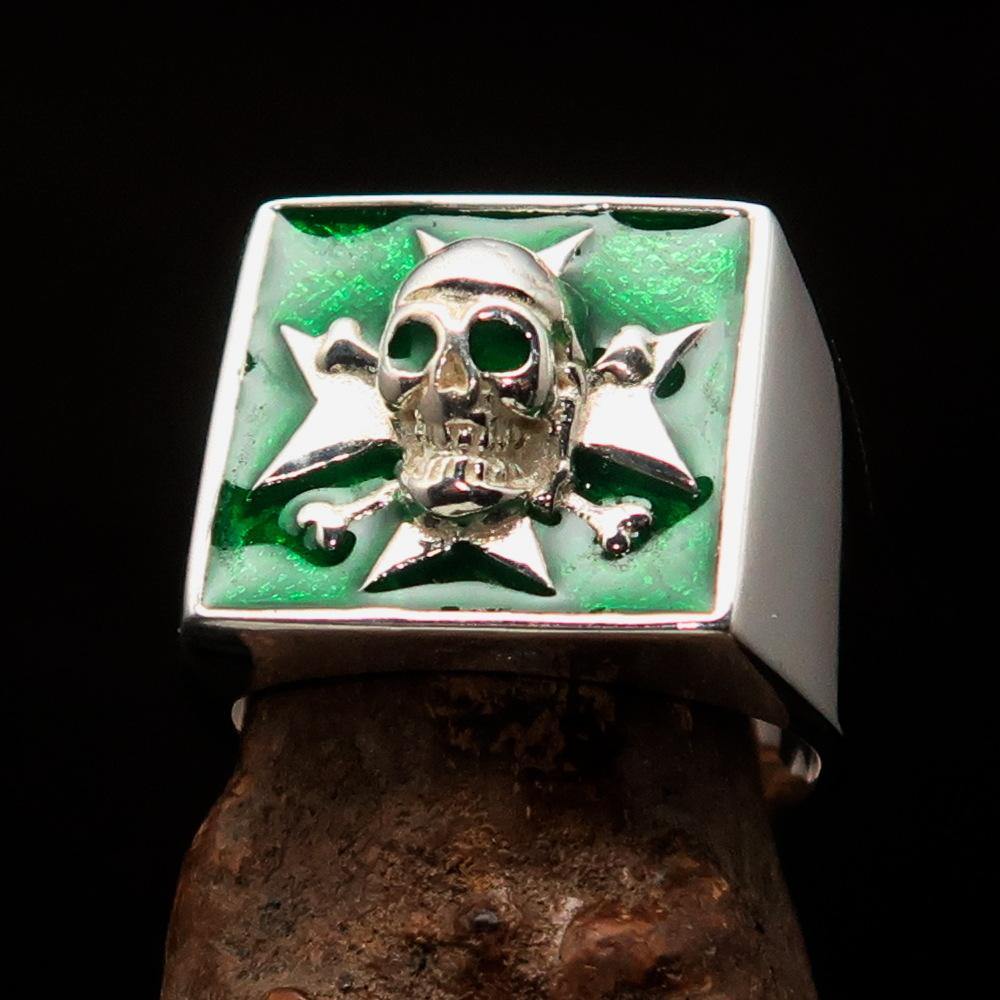 Men's Pirate Skull Ring made of solid sterling silver featuring a green Maltese Cross, showcasing intricate design and high polish.