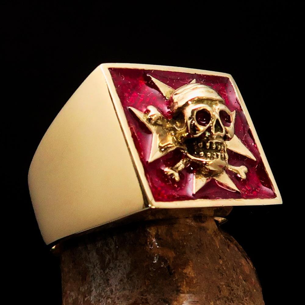Men's Pirate Skull Ring with red Maltese Cross, crafted from solid brass, featuring a high-polished finish.