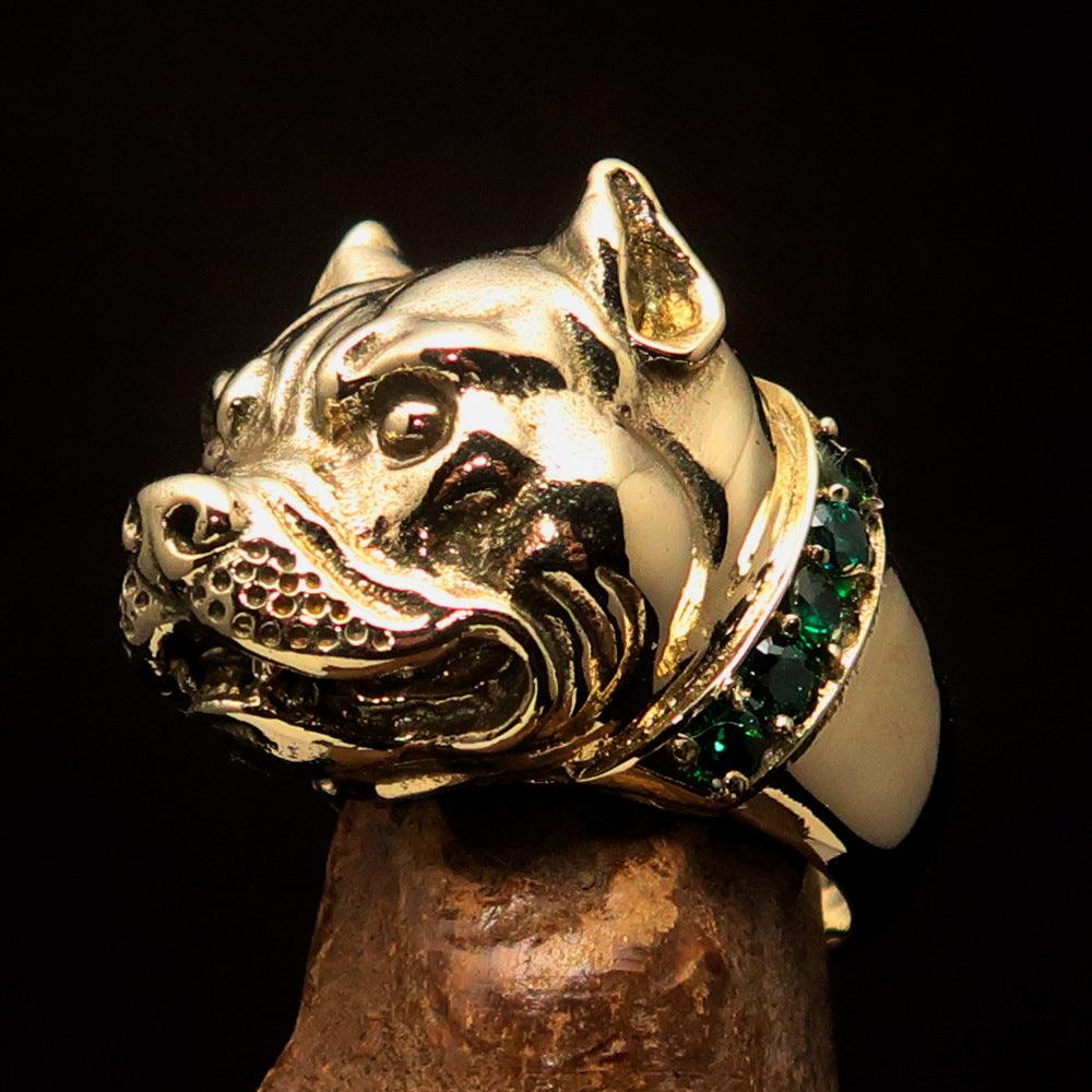 Men's Pitbull Ring featuring a sterling silver Pitbull with a green CZ collar, crafted from solid brass with a polished finish.