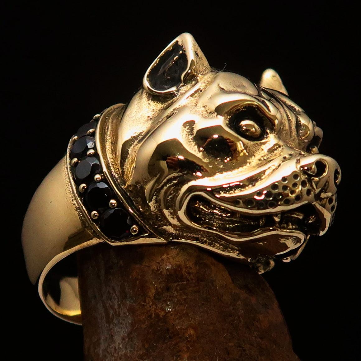 Men's Pitbull Ring featuring a red garnet collar, crafted from solid brass with a polished and antiqued finish.