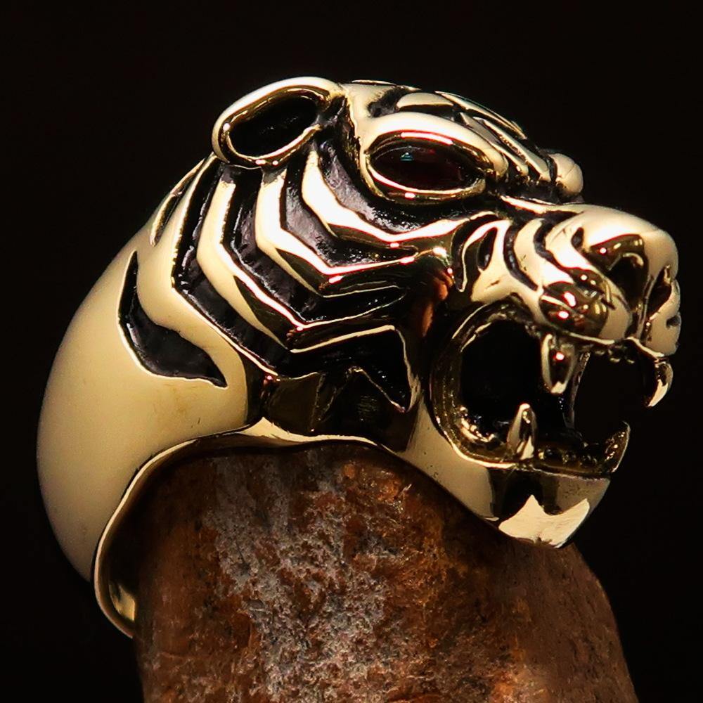 Men's Predator Ring featuring a fierce tiger design with red cubic zirconia eyes, crafted from solid brass.