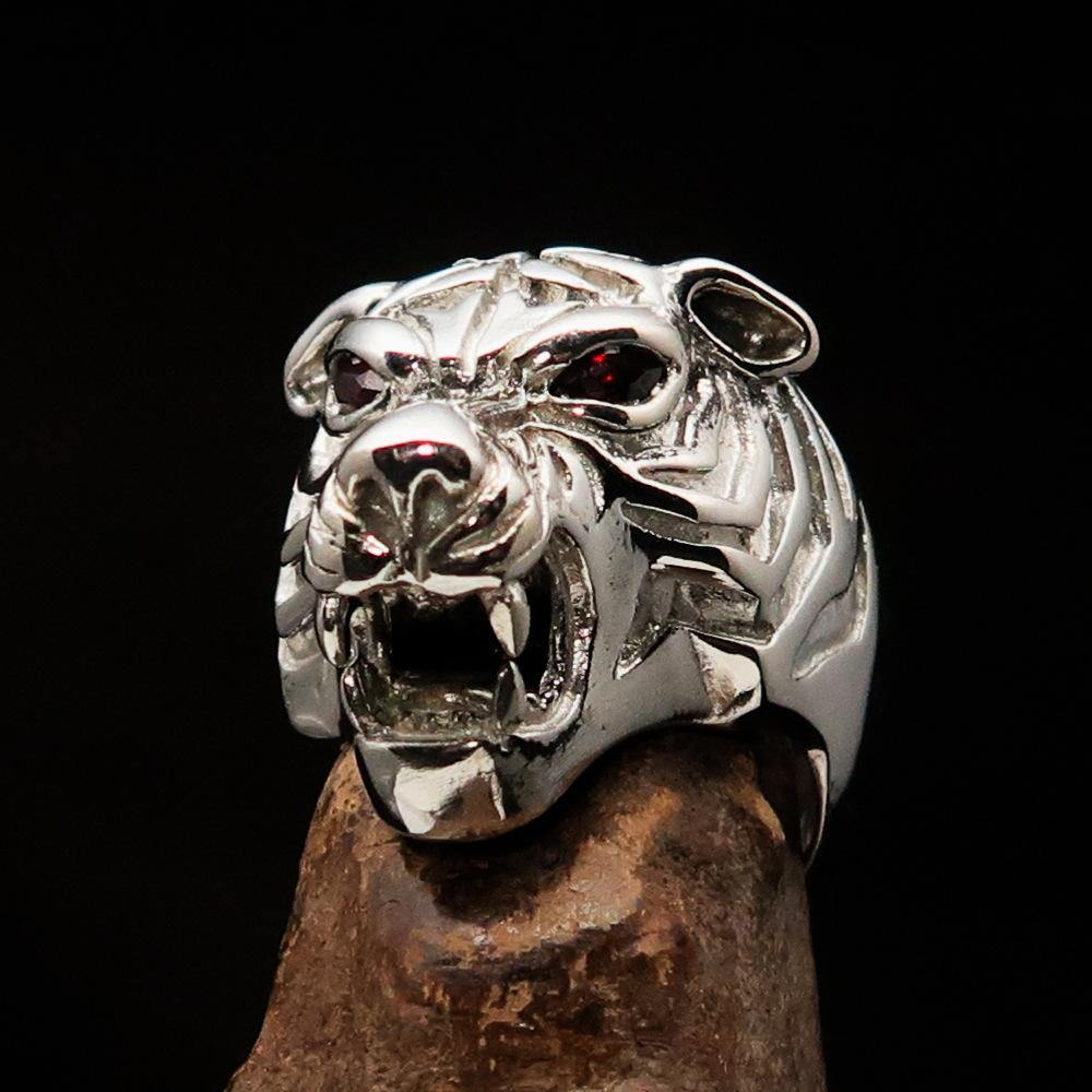 Men's Predator Ring featuring a fierce tiger design with red Cubic Zirconia eyes, crafted from solid sterling silver.