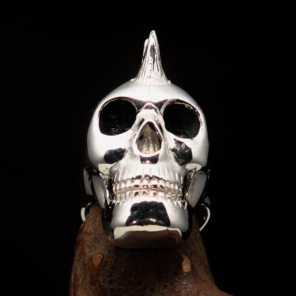 Men's Punk Skull Ring Mohawk made of solid sterling silver with intricate detailing and a unique design.