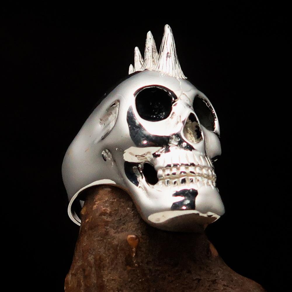 Men's Punk Skull Ring Mohawk made of solid sterling silver with intricate detailing and a unique design.