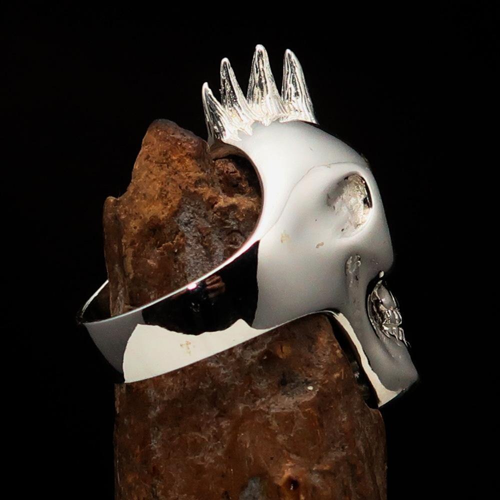 Men's Punk Skull Ring Mohawk made of solid sterling silver with intricate detailing and a unique design.
