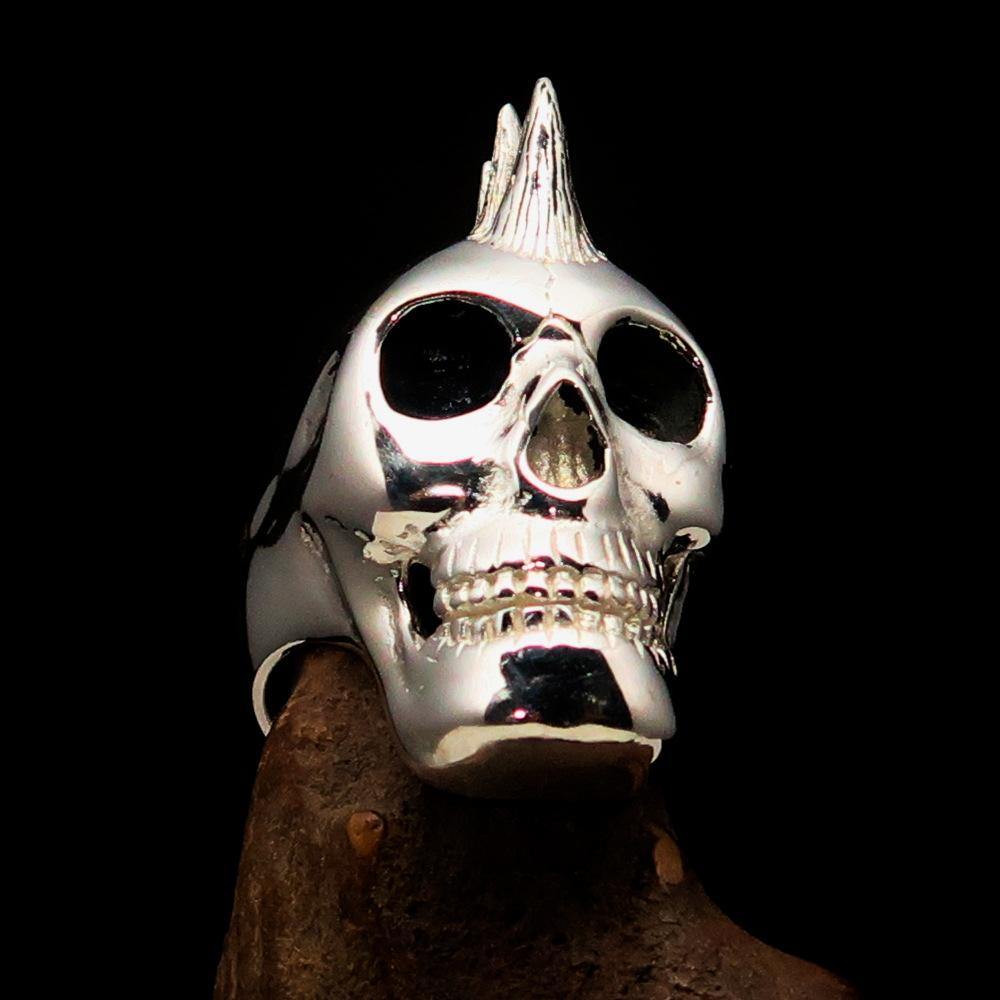 Men's Punk Skull Ring Mohawk made of solid sterling silver with intricate detailing and a unique design.
