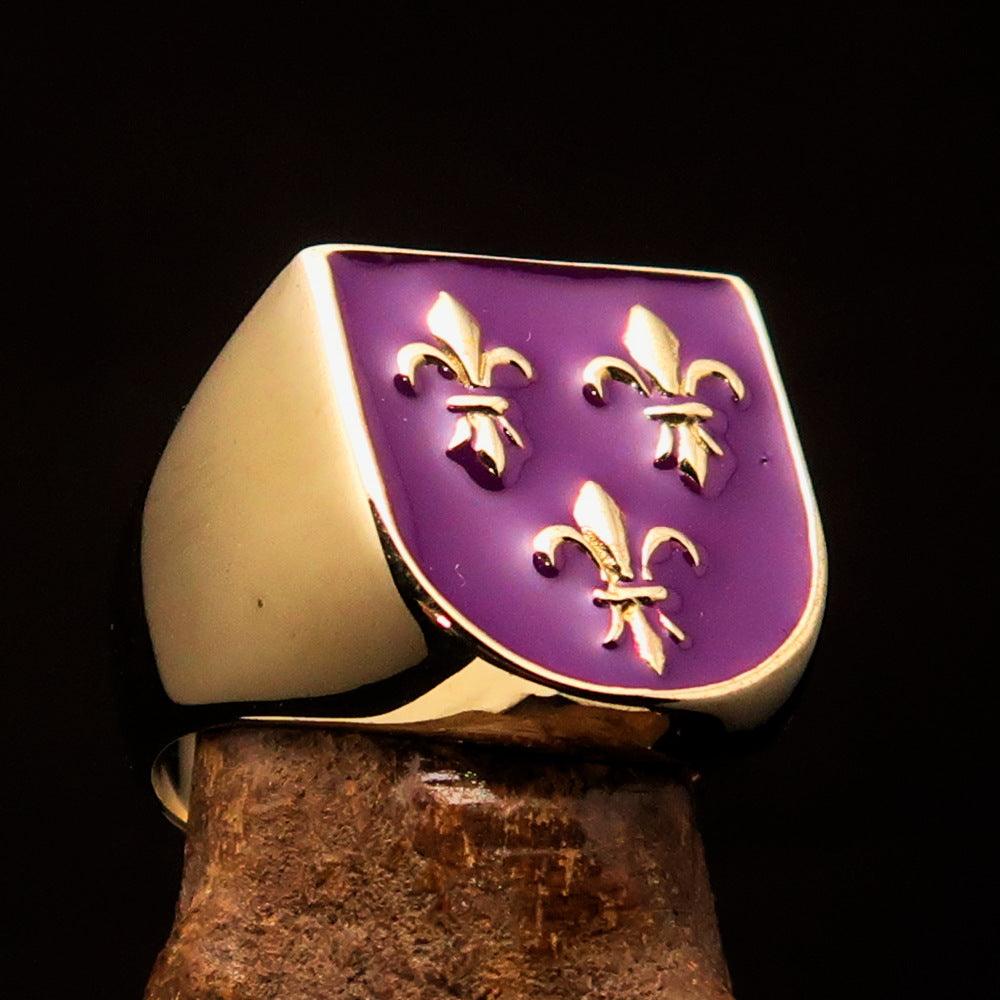 Men's purple Fleur de Lis Coat of Arms Ring made of solid brass with high polish and enamel finish, showcasing intricate design.