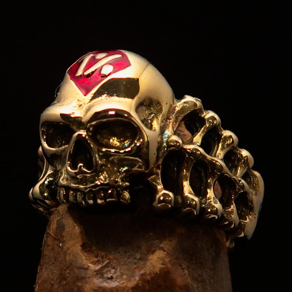 Men's red 1% Outlaw Biker Skull and Bones Ring made of solid brass with high-polished finish and red enamel.