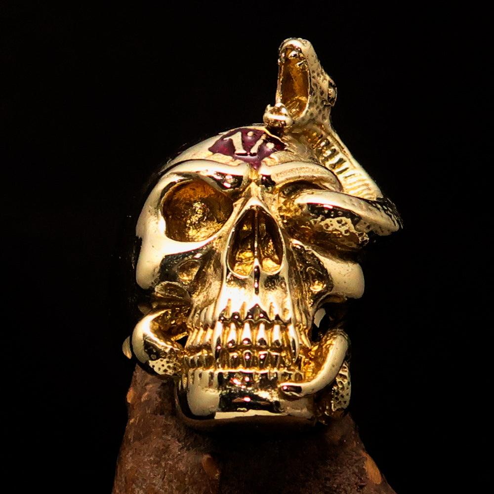 Men's red 1% Snake Skull Outlaw Biker Ring made of solid brass with a mirror-polished finish and red enamel inlay.