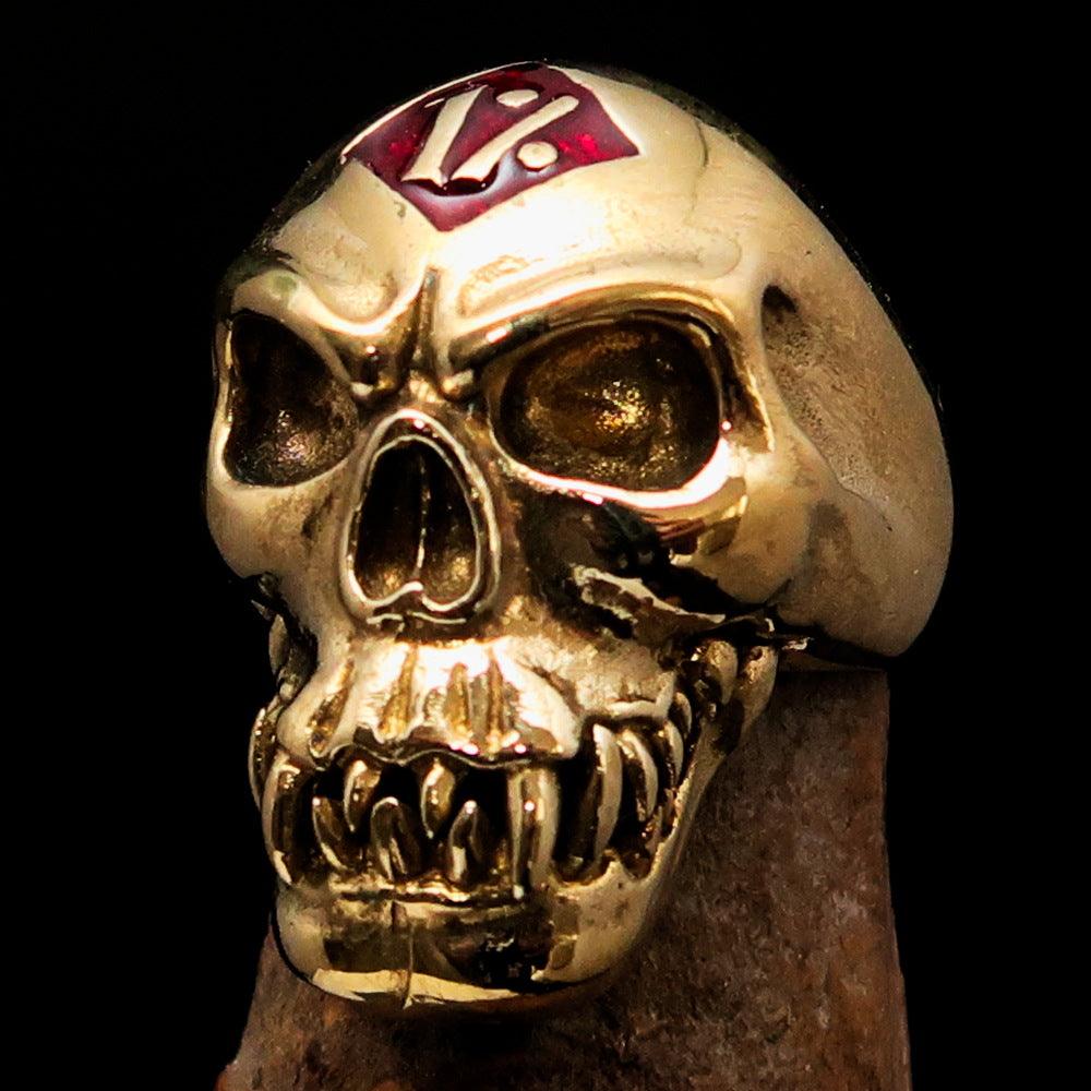 Men's red 1% Zombie Skull Outlaw Biker Ring made of solid brass with a mirror polish and red enamel finish.
