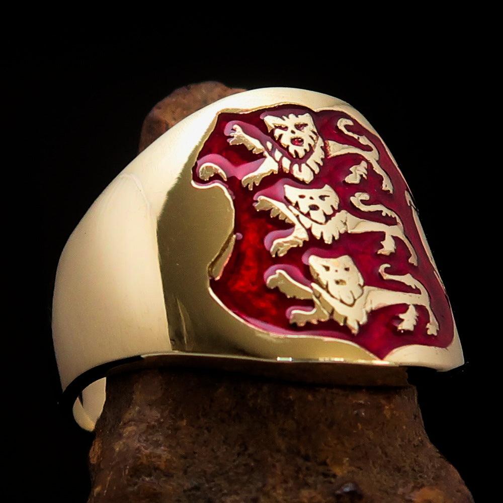 Men's red 3 Lions Coat of Arms Pinky Ring made of solid brass with vibrant red enamel finish.