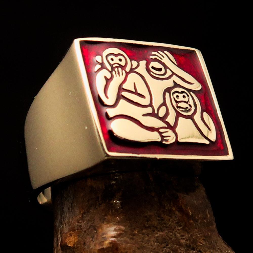 Men's red 3 Monkeys Pinky Ring made of solid brass with high polished finish and red enamel detailing.