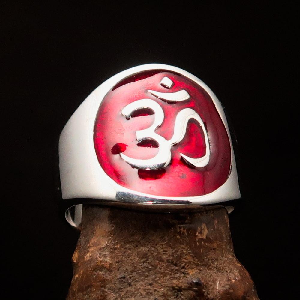 Men's red Aum Buddhist Ring made of high polished sterling silver with enamel detailing, showcasing the Aum symbol.