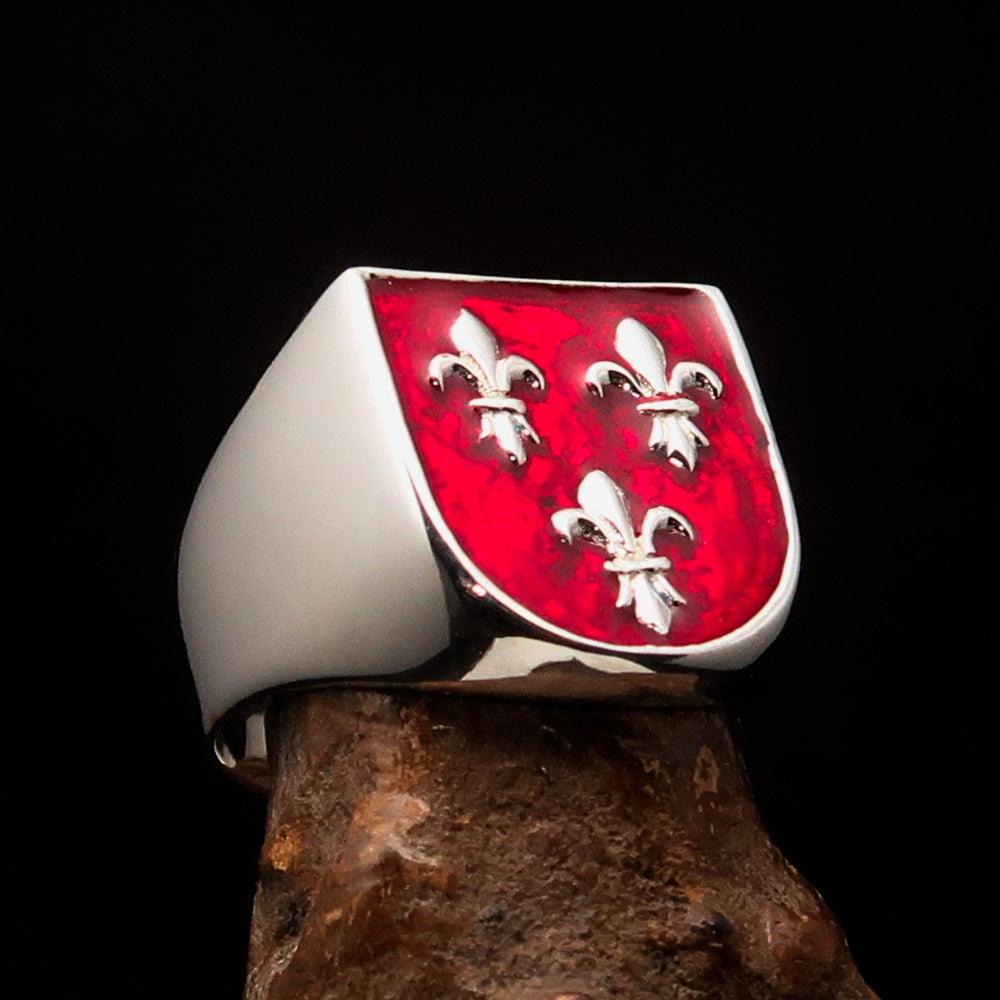 Men's red Fleur de Lis Coat of Arms Ring made of solid sterling silver with a high polished enamel finish, showcasing intricate design details.
