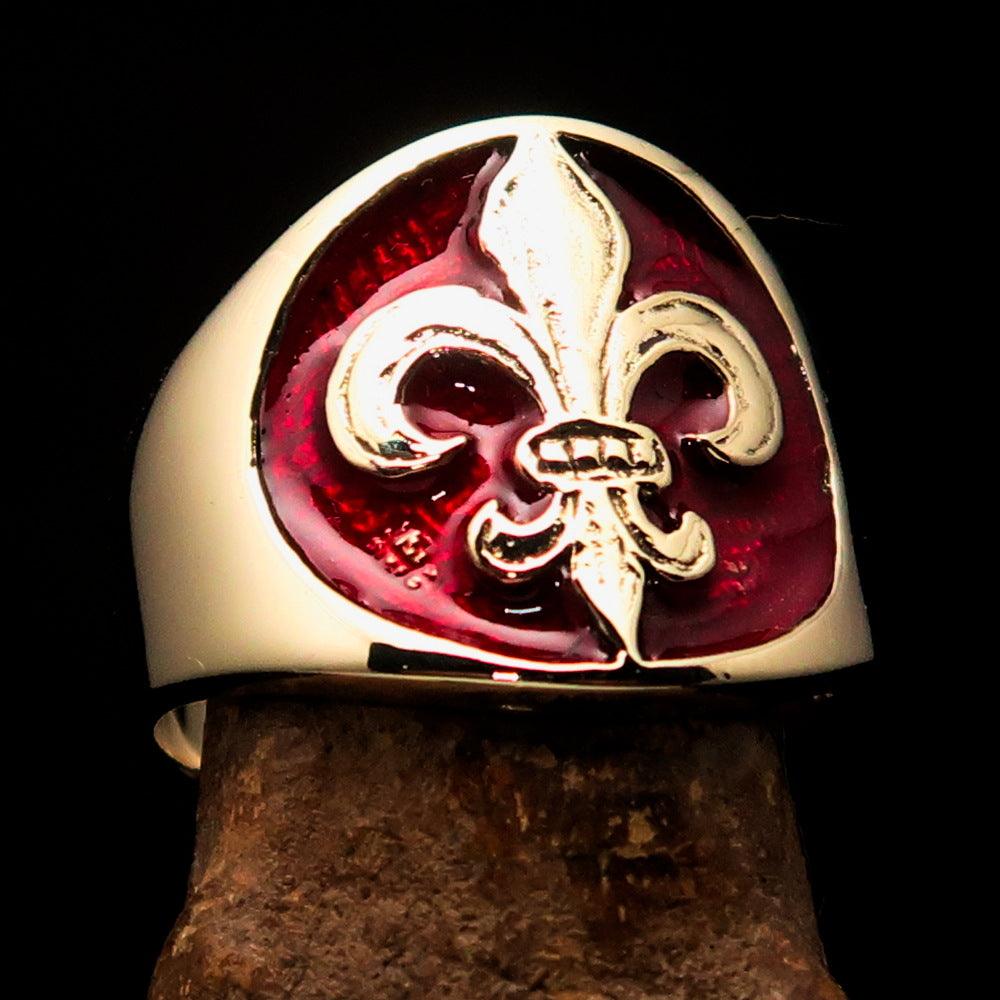 Men's red Fleur de Lis Seal Pinky Ring made of solid brass with high polish finish and red enamel detailing.