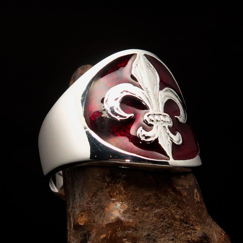 Men's red Fleur de Lis Seal Ring made of high-polished sterling silver with red enamel, showcasing intricate design and craftsmanship.