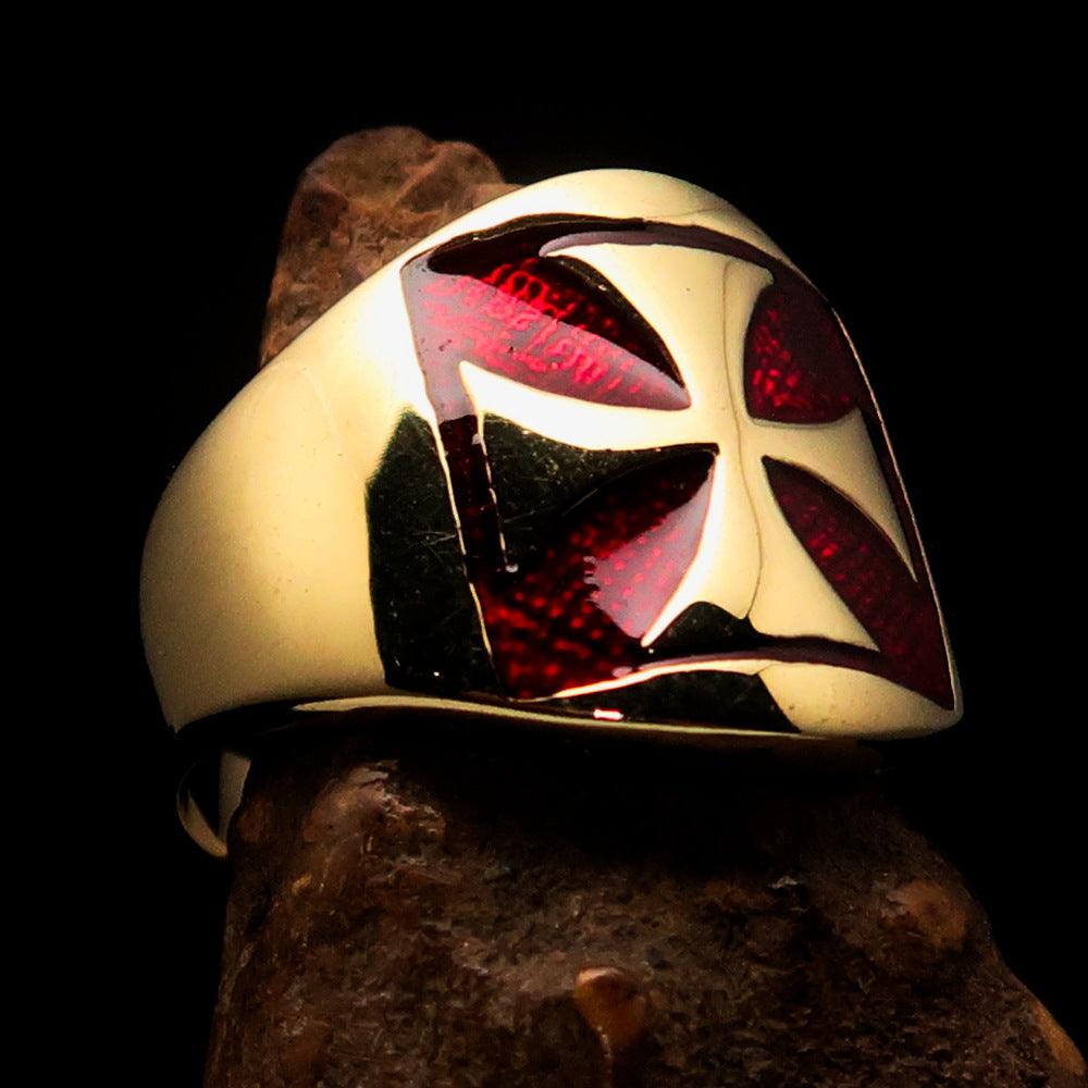 Men's red Iron Cross Biker Ring made of solid brass with high polish and enamel finish, showcasing a bold design.