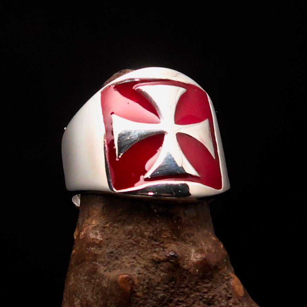 Men's red Iron Cross Biker Ring made of high-polished sterling silver with red enamel accents, showcasing a bold design.