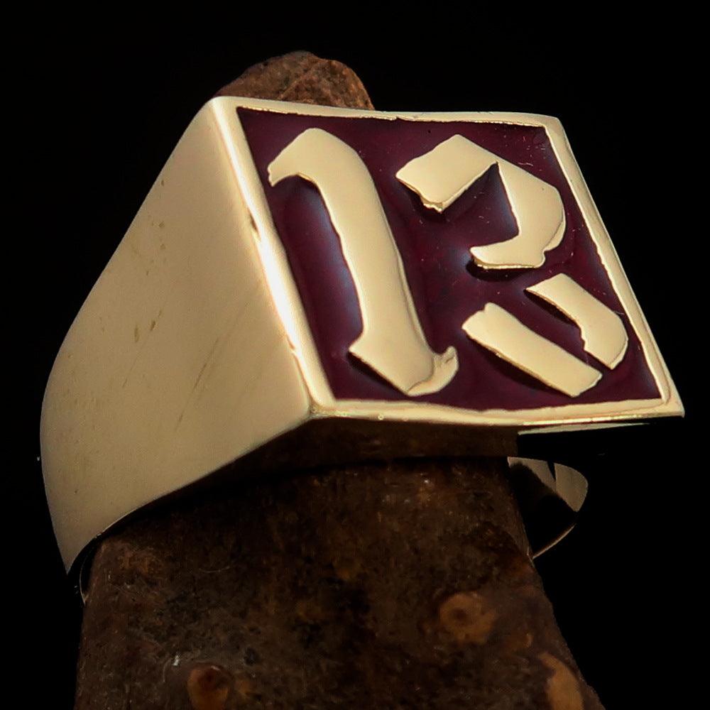 Men's red lucky number 13 biker ring made of solid brass with a mirror polished finish and red enamel.