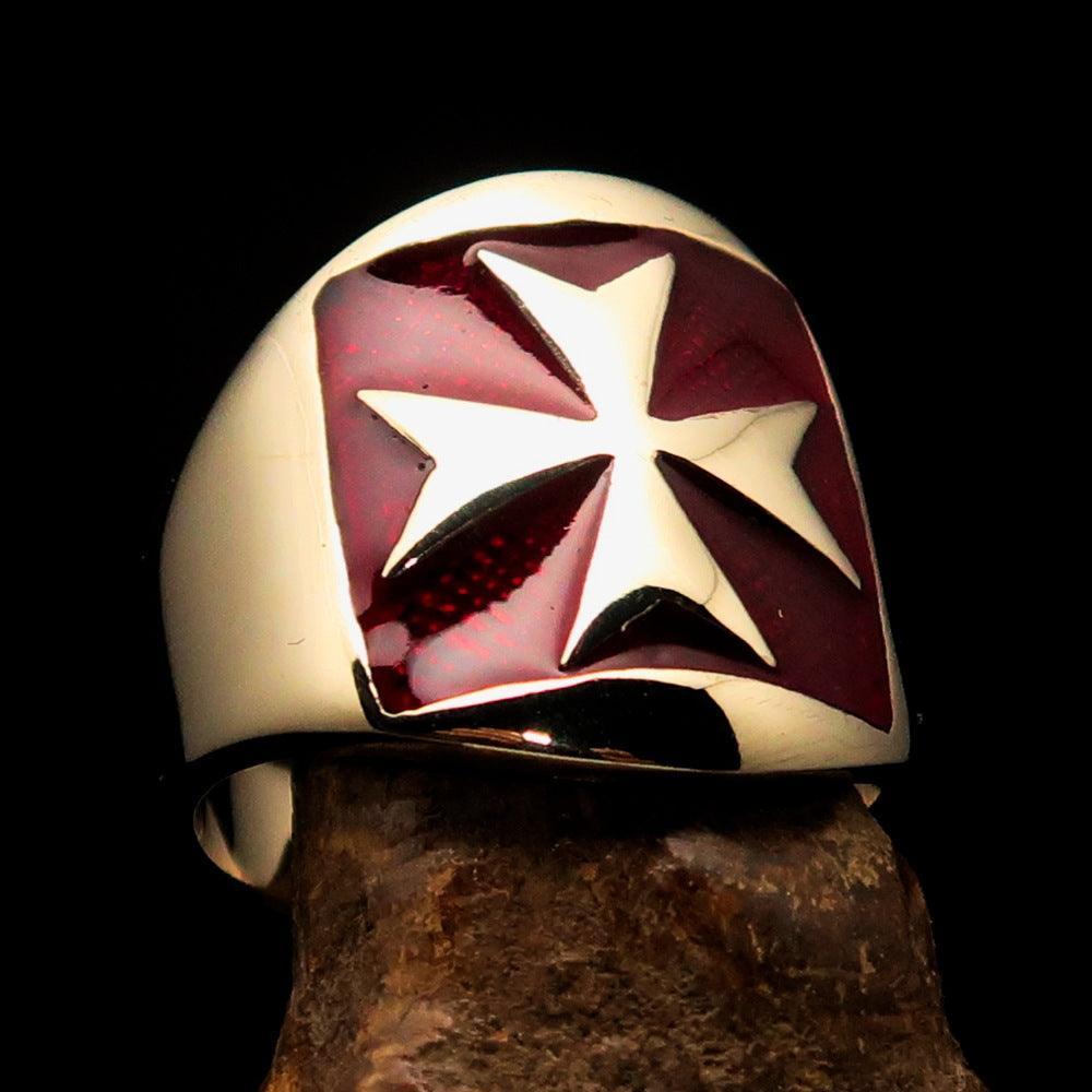 Men's red Maltese Cross Biker Ring made of solid brass with a high polished finish and red enamel design.
