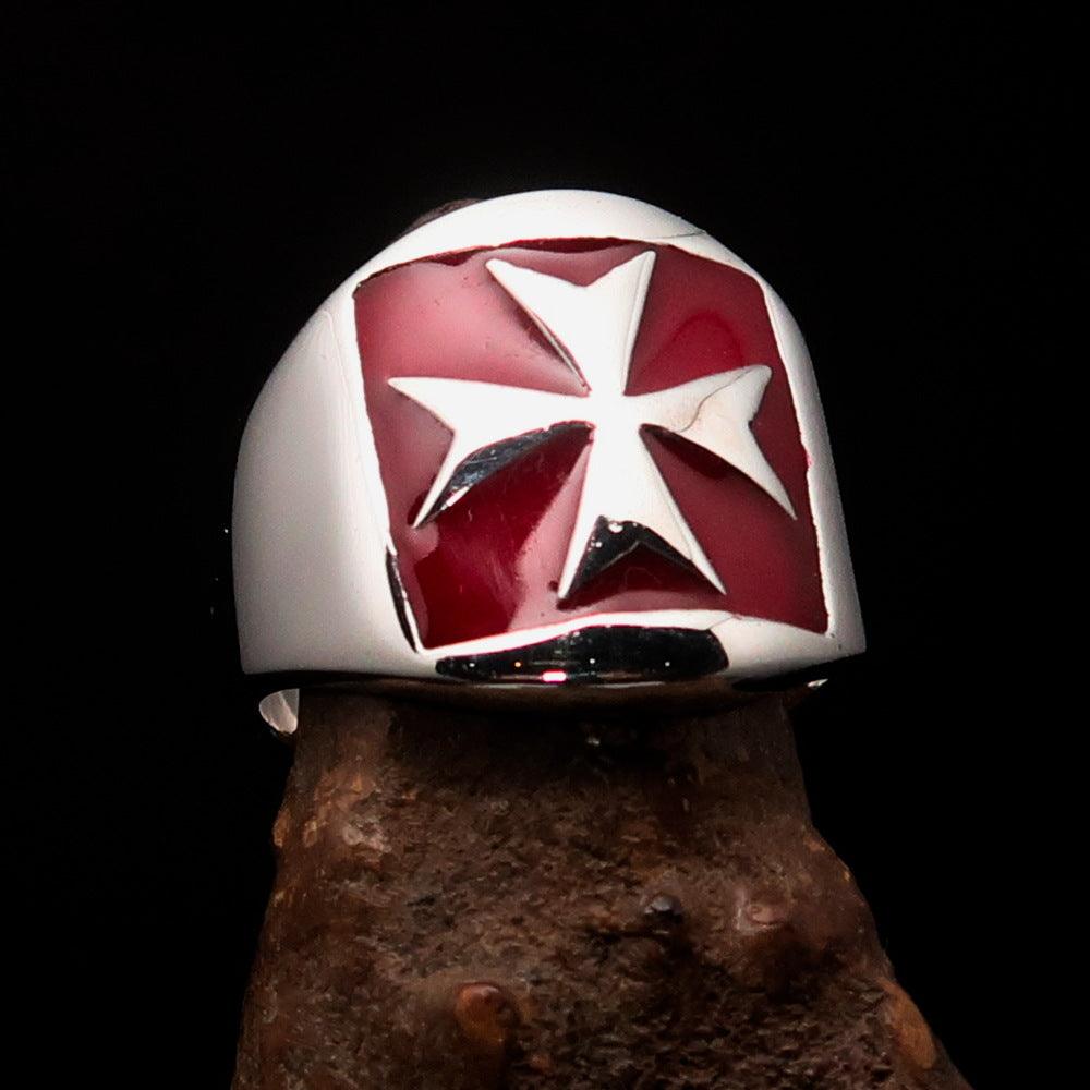 Men's red Maltese Cross Biker Ring made of high-polished sterling silver with enamel finish, showcasing a bold design.