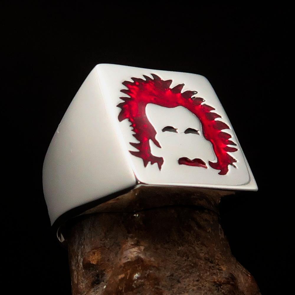 Men's red Man with Beard Ring made of high polished sterling silver with enamel detailing, showcasing a unique design.
