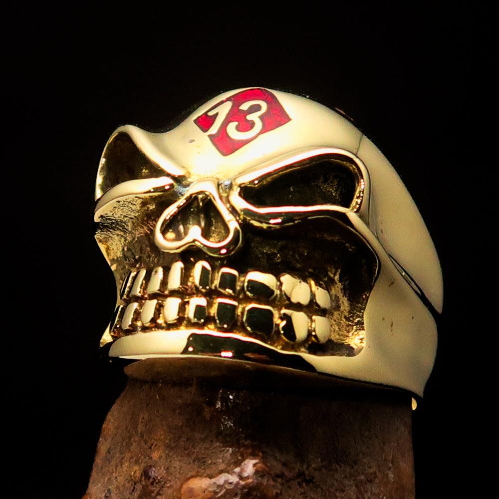 Men's red Number 13 Gnome Skull Ring made of solid brass with a polished finish and red enamel accents.