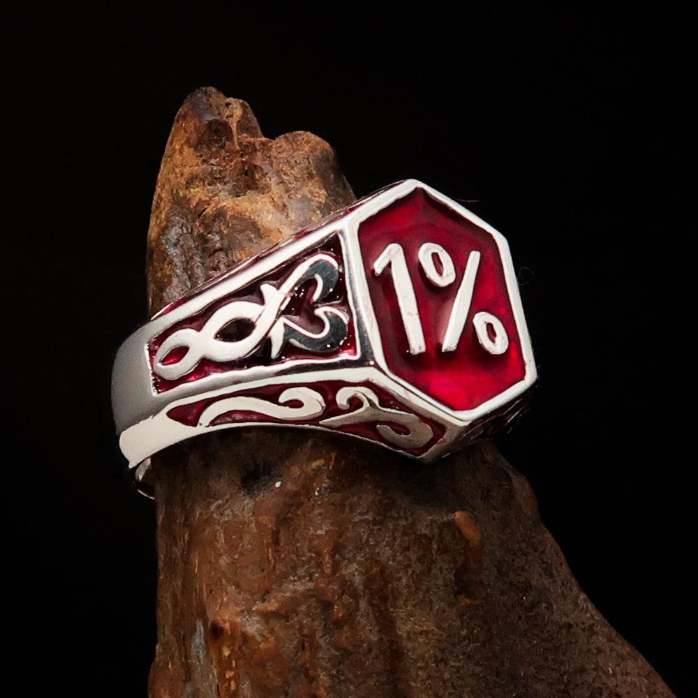 Men's Red Outlaw Biker Ring 1% made of solid sterling silver with high-polished finish and red enamel, showcasing its unique design and craftsmanship.