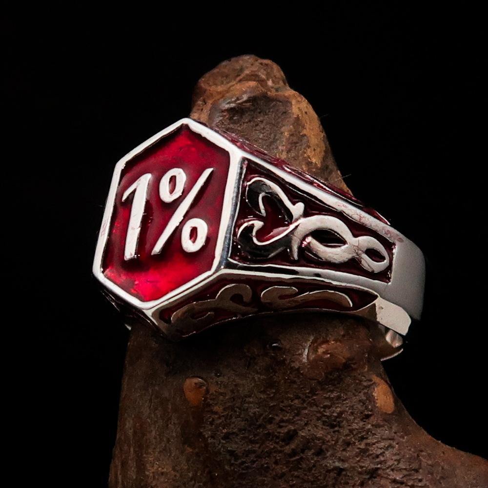 Men's Red Outlaw Biker Ring 1% made of solid sterling silver with high-polished finish and red enamel, showcasing its unique design and craftsmanship.