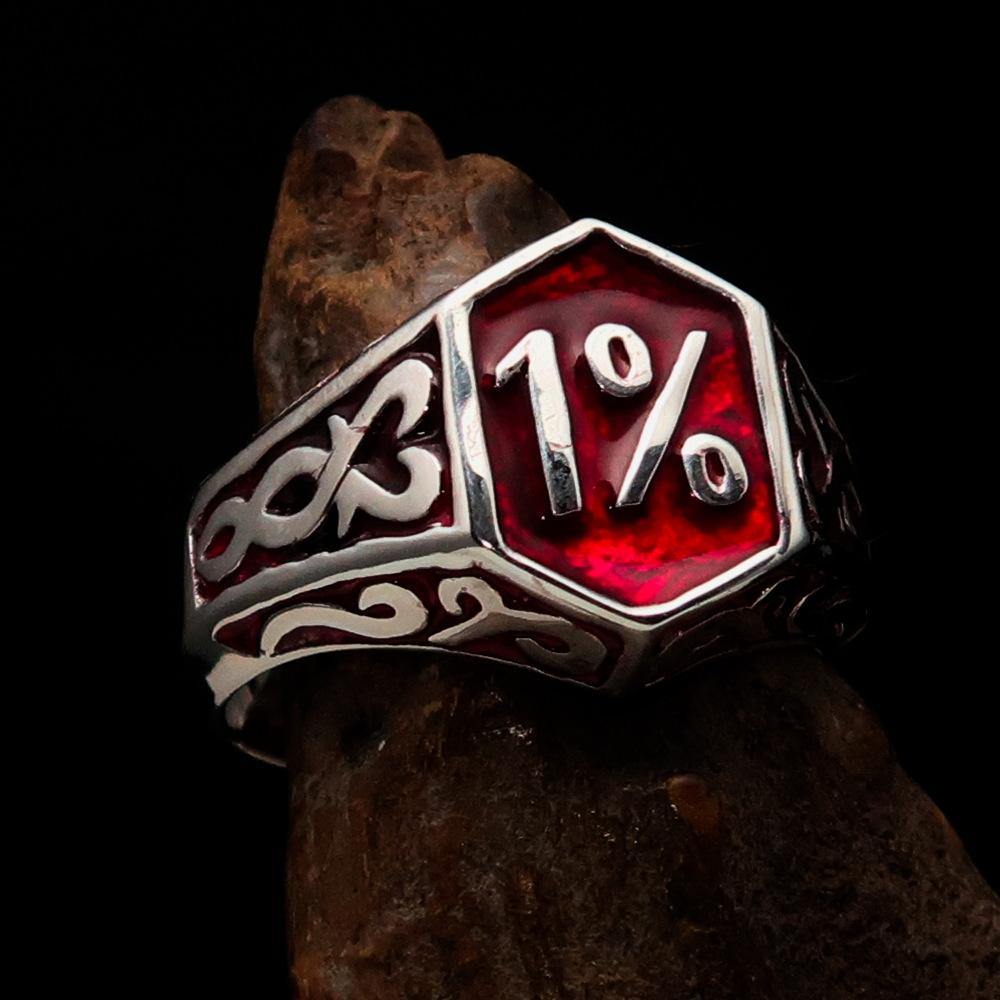 Men's Red Outlaw Biker Ring 1% made of solid sterling silver with high-polished finish and red enamel, showcasing its unique design and craftsmanship.