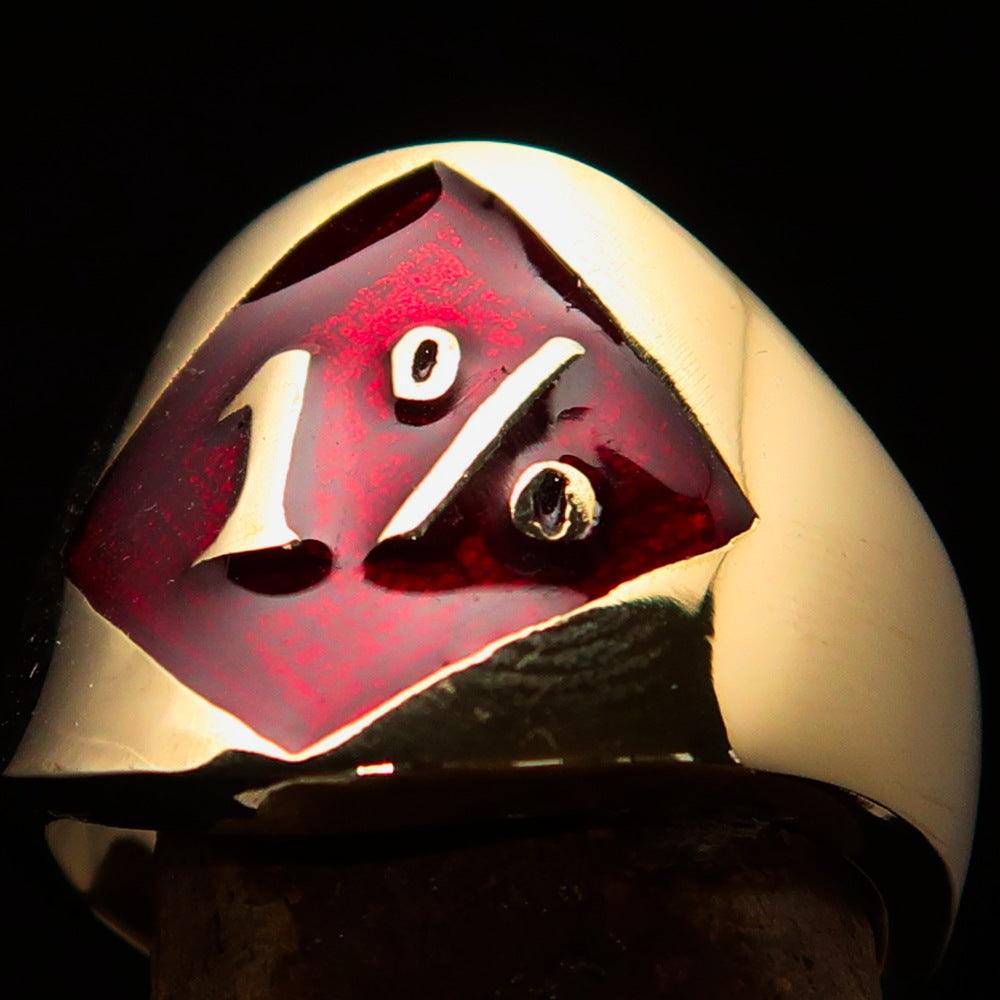 Men's red Outlaw Biker Ring made of solid brass with a high polished finish and diamond design, showcasing its vibrant red enamel.