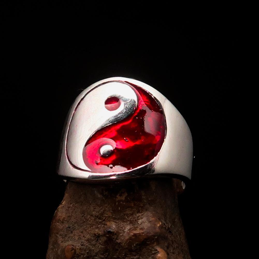 Men's red Yin Yang ring made of high polished sterling silver with red enamel, showcasing the Yin Yang symbol.