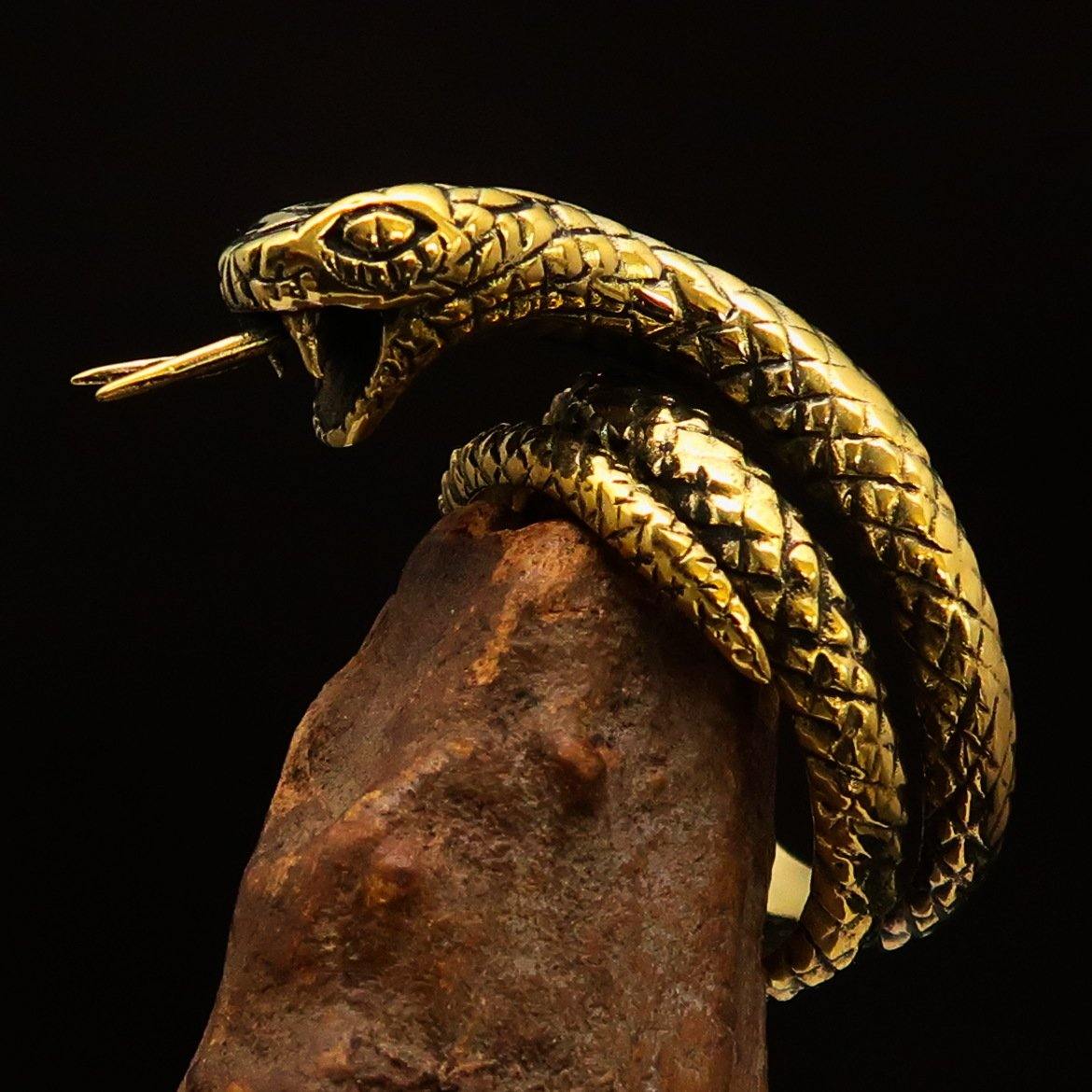 Men's Reptile Ring featuring a detailed python snake design, crafted from solid brass with a high polish and antique finish.