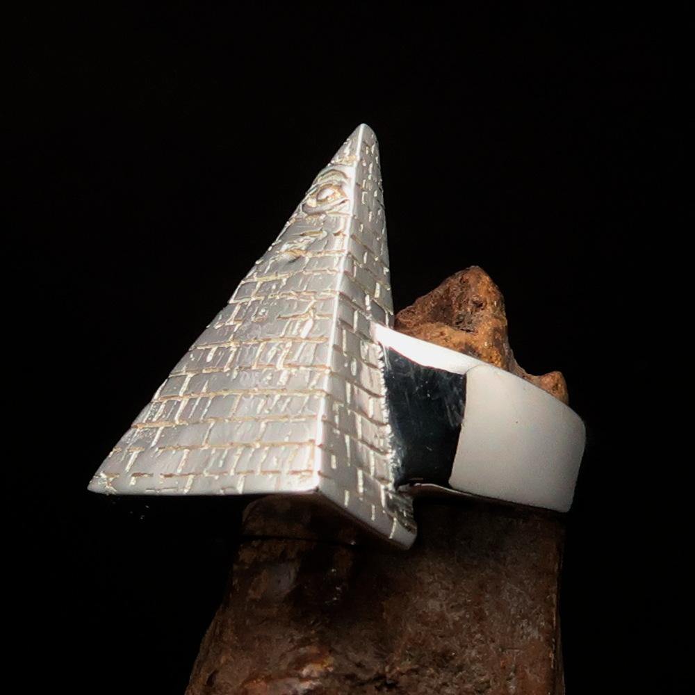 Men's sterling silver ring featuring All Seeing Eye design on a pyramid, polished finish.