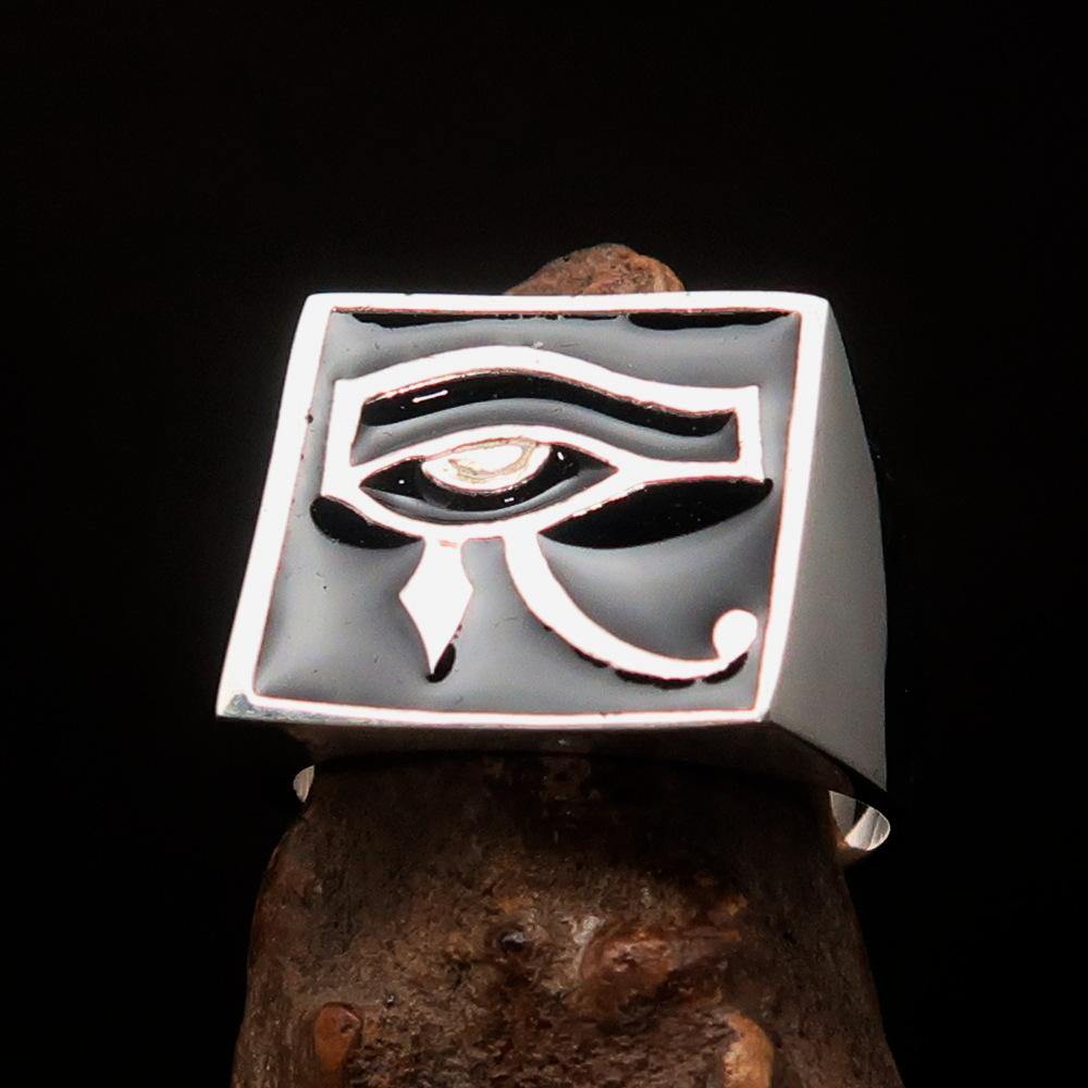 Men's sterling silver ring featuring the All Seeing Eye of Ra design with a polished black enamel finish.