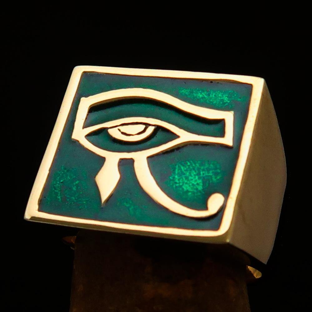 Men's solid brass ring featuring the All Seeing Udjat Eye of Ra in green enamel, high polished finish.