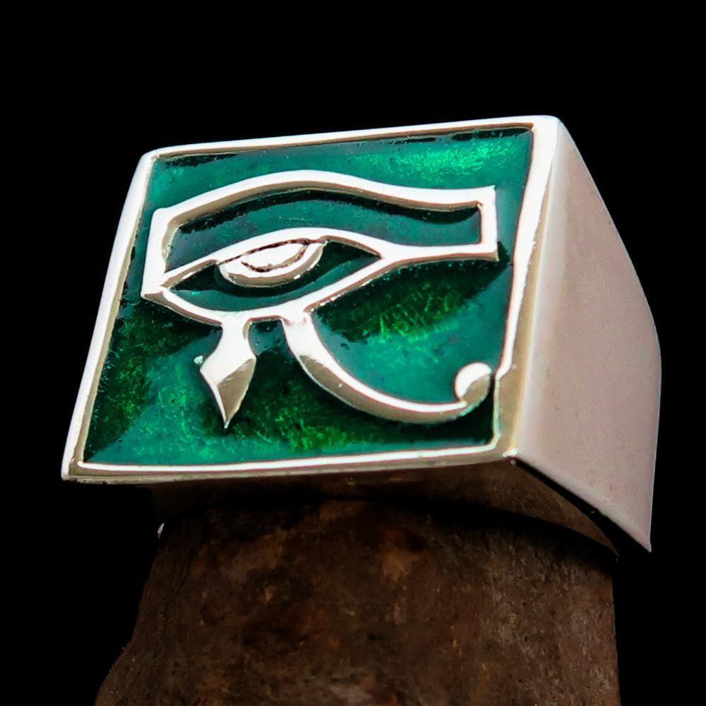 Men's sterling silver ring featuring the green Eye of Ra design, polished finish, and hallmarked 925.